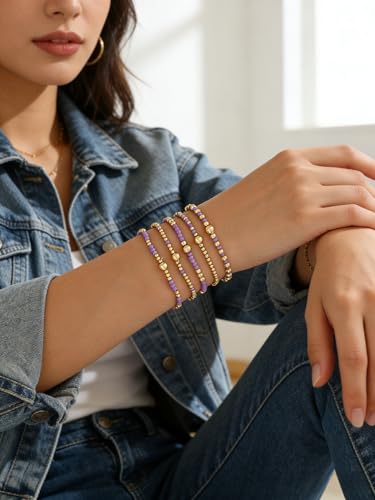LOTSOF Bohemia Multilayer Beaded Bracelet Set, Turquoise Resin Colorful Surfer Heishi Style Elastic Spring Clasp Friendship Elastic Wristbands Summer Beach Boho Vacation Jewelry - color: Purple