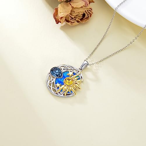 AOBOCO 925 Sterling Silver Moon Sun Star Necklace Celtic Jewelry for Women Girls - color: Silver&Gold&Blue Opal