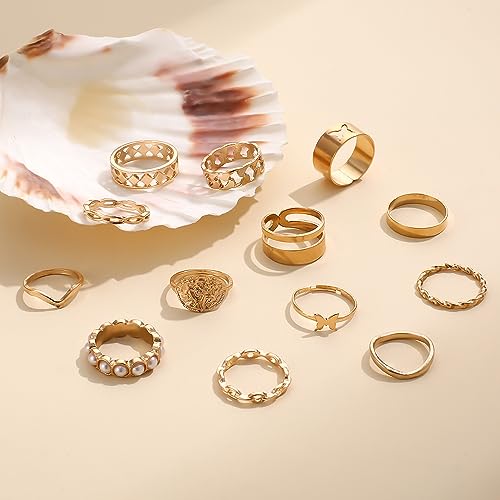 Todenb Gold Knuckle Rings Set for Women,Vintage Stackable Dainty Joint Finger Gold Jewelry Set,Butterfly pearl coin wave moon Stacking Rings Set Dainty Joint Finger Rings Midi Pinky Rings Pack