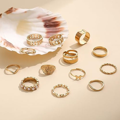 Todenb Gold Knuckle Rings Set for Women,Vintage Stackable Dainty Joint Finger Gold Jewelry Set,Butterfly pearl coin wave moon Stacking Rings Set Dainty Joint Finger Rings Midi Pinky Rings Pack
