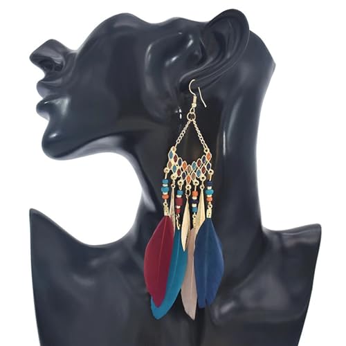 Faux Feather Fringe Tassel Long Dangle Earrings for Women | Bohemian Women Tassel Drop Jewelry - color: colorful