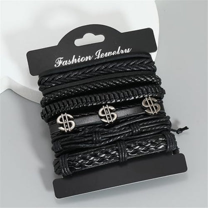 Leather Cuff Bracelet for Men Women, Multilayer Braided Wristband, Adjustable 6.5-9.5 Inches Wrap Bracelets Punk Gothic Grunge - color: Dollar set - 6Pcs