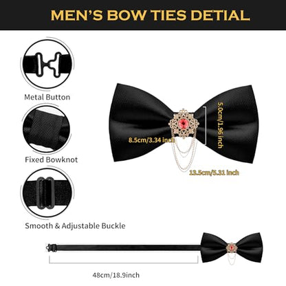 QCWQYML Black Bow Ties for Men Pre-Tied Mens Bow Tie Classic Crystal Brooch Chain Bowtie Adjustable Bowties Tuxedo Party - color: (Gold/Red)-black