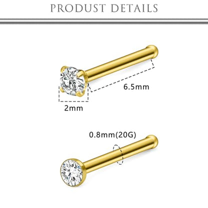 Hoeudjo Nose Studs Surgical Steel Cubic Zirconia Nose Rings Kit for Women Men Tiny Nose Stud Screw & Bone & L Shaped Nostril Piercing Jewelry 24-18 Gauge 20 Pieces Set - color: gold-tone,nose bone studs, size: 20g/2.0mm clear CZ