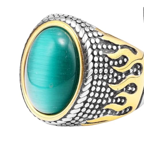 PAURO Men Retro Oval Gemstone Ring With Flame Patterned Side | Stainless Steel Vintage Stone Signet Biker Band Ring for Men,Flame Patterned Accent Band Ring,Durable Mens Jewelry - color: Green