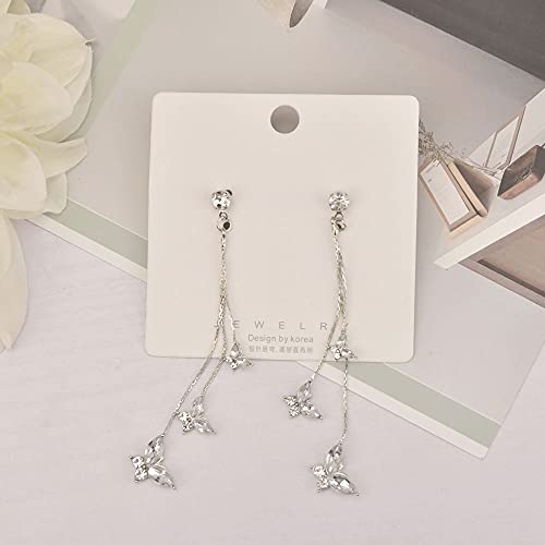Temperament Crystal Butterfly Drop Dangle Earrings for Women Long Tassel Butterfly Stud Earrings - color: Silver