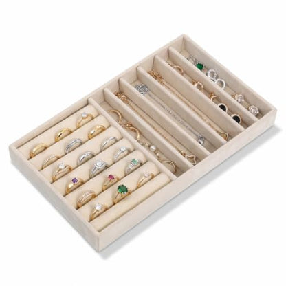 Stackable Velvet Tray Jewelrys Storage Organizers Jewelry Box Insert Organizer for Drawer Jewelry Drawer Organizer Inserts Ring Earring Stud Necklace Holder Display Storage Case (Beige, 8.3 x 4.9in)