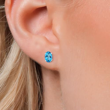 Gem Stone King Oval Gemstone Birthstone Stud Earrings for Women Men | Oval Cut 7X5MM | Fine Jewelry Gifts for Mom Dad Wife Him Her - style: American Blue Mystic Topaz