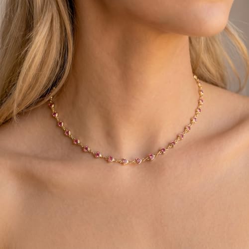 Colorful Necklace for Women,14K Gold Plated Chain With Crystal Necklace Womens Statement Cute Trendy Surfer Beach Choker Necklaces Gifts - color: Pink Heart