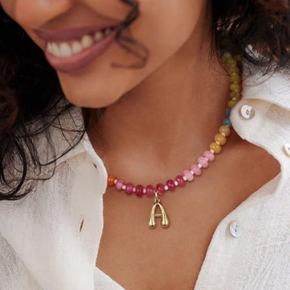KissYan Initial Necklaces for Women, Colorful Beaded Gemstone Choker 14K Gold Bubble Letter Pendant Necklace Natural Stone Summer Beach Handmade Jewelry Gift - color: Red, style: Letter N