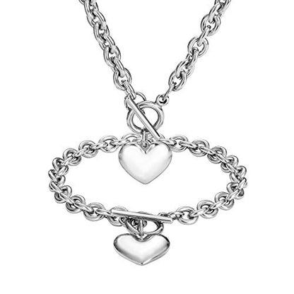 Heart Chain Necklace + Heart Bracelet for Women Girls Hearts Pendant Toggle Charm Jewelry Set Stainless Steel 18K Gold/Rose Gold Silver - color: Silver