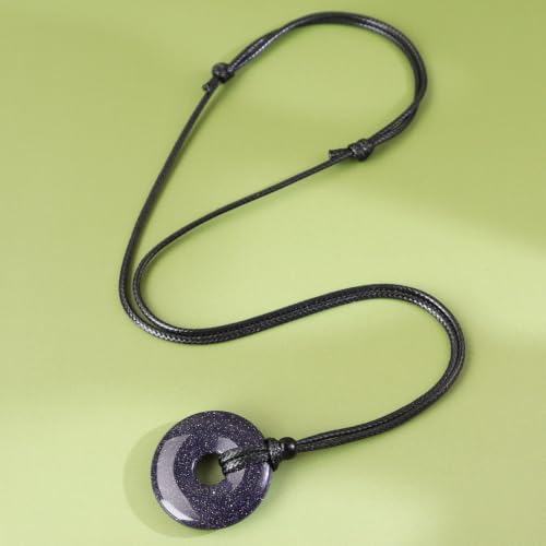 FANASY Natural Gemstone Pendant Necklce Lucky Coin Crystal Necklace Protection Donut Pendnat with Adjustable Rope for Men Women - color: Blue Sandstone