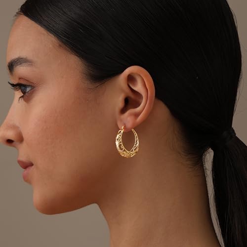 LeCalla 925 Sterling Silver Chunky Hoop Earrings | Filigree Heart Hoop Earrings for Women | Oval & Round Mesh Filigree Click-Top Hoops Earring | Hypoallergenic Earrings for Women - color: Yellow Gold Round Filigree 27MM