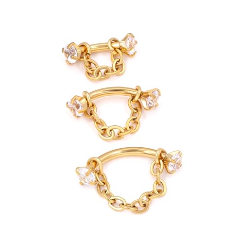 3 Pcs 316L Stainless Steel 16G Tragus Helix Rook Piercing Jewelry with Chain, Cartilage Earrings for Women, Belly Button Ring Vertical Labret Lip Piercing Jewelry - color: Gold, size: Prong Setting
