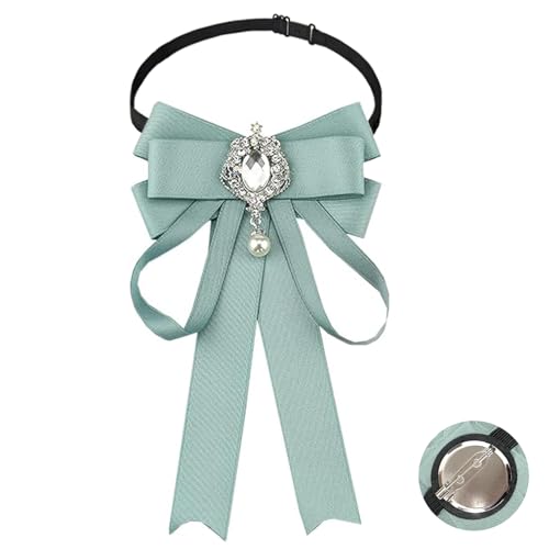 Fashion Ribbon Bow Tie Brooch Pins for Women Girls Crystal Pearl Uniform Pre-Tied Bowknot Corsage Party Ceremony Accessories - color: 117-Light Green