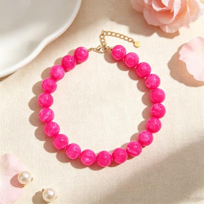 Chunky Necklaces for Women Trendy 20MM Large Resin Beaded Necklace Bold Statement Chunky Choker Necklace Boho Beads Summer Beach Jewelry - color: Magenta