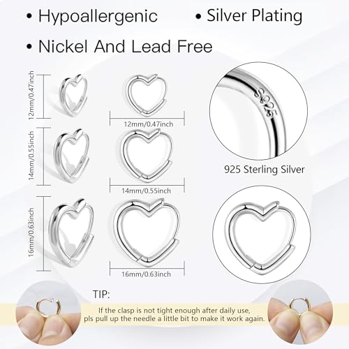 Silver 3 Pairs Heart Earrings Set for Women 14K Gold Plated Hoops, ALEXCRAFT Minimalist Hearts Shaped Small Big Silver Huggie Hoop Trendy Earring Hypoallergenic Thick Chunky Earings - color: Silver