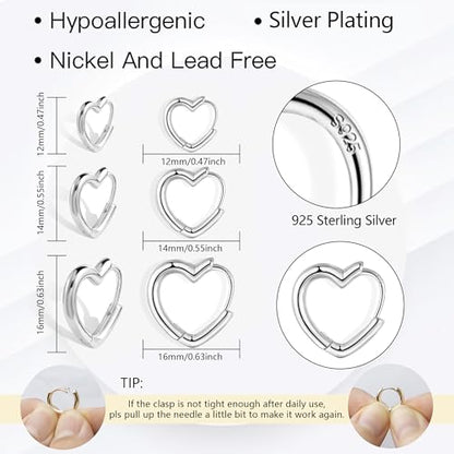 Silver 3 Pairs Heart Earrings Set for Women 14K Gold Plated Hoops, ALEXCRAFT Minimalist Hearts Shaped Small Big Silver Huggie Hoop Trendy Earring Hypoallergenic Thick Chunky Earings - color: Silver