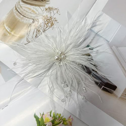 Elegant Feather Flower Pearl Cz Large Brooch Pin for Women Men Rhinestone Crystal Floral Lapel Pins Wedding Party Banquet Dress Suit Clothes Accessories Fashion Jewelry 180mm - color: White