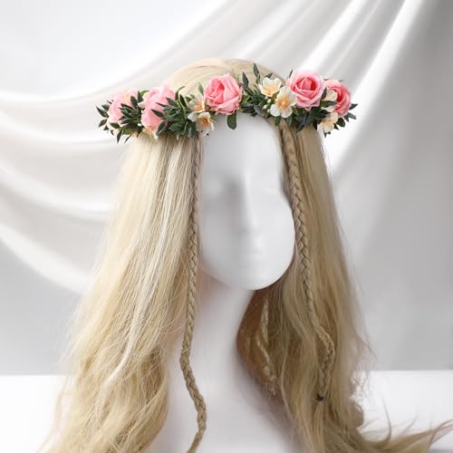 Fairy Pink Flower Crown Headband, Rose Floral Headpiece | Adjustable, Fairy Flower Crown, Women Girls, Renaissance Birthday Wedding Party Photo Props - color: Pink Rose