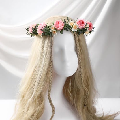 Fairy Pink Flower Crown Headband, Rose Floral Headpiece | Adjustable, Fairy Flower Crown, Women Girls, Renaissance Birthday Wedding Party Photo Props - color: Pink Rose