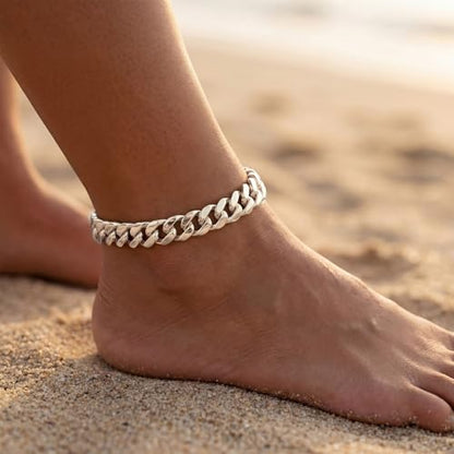 Width-12mm Chunky Cuban Link Ankle Bracelets for Women Waterproof, 18K Gold/Silver Plated Anklets Cubic Zirconia Adjustable Thick Chain Trendy Beach Summer Fashion Jewelry Gift - style: Style 1-Silver