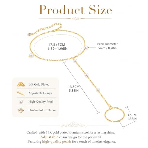 Gold Pearl Hand Chain Bracelet for Women, Adjustable Ring Chain | 14K gold-plated hand chain with pearl accents, adjustable for weddings, parties, birthdays, and daily wear - color: Pearl Chain Bracelet-GD