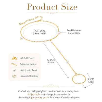 Gold Pearl Hand Chain Bracelet for Women, Adjustable Ring Chain | 14K gold-plated hand chain with pearl accents, adjustable for weddings, parties, birthdays, and daily wear - color: Pearl Chain Bracelet-GD
