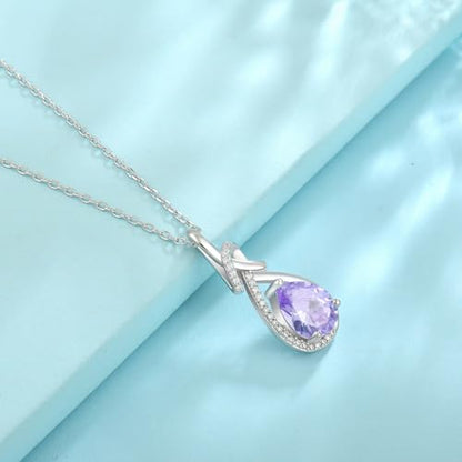 Infinity Teardrop Necklace Silver Tone Pendant Birthstone Jewelry for Women - color: Light Lavender