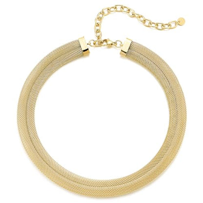 COOLSTEELANDBEYOND Double-layer Mesh Choker Necklace Gold Color, Metal Statement Collar Necklace, Bold Fashion Jewelry