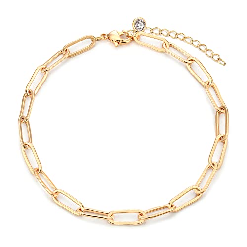 MEVECCO Dainty Chain Bracelets for Women, Layered and Charm Styles | 14K Gold Plated Brass, Select Cubic Zirconia Accents, Single and Multi-Row Structures for Refined Everyday Wristwear - style: Paperclip Chain Oval