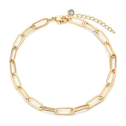 MEVECCO Dainty Chain Bracelets for Women, Layered and Charm Styles | 14K Gold Plated Brass, Select Cubic Zirconia Accents, Single and Multi-Row Structures for Refined Everyday Wristwear - style: Paperclip Chain Oval