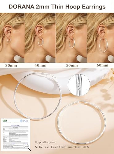 2mm Thin 14K Gold Plated Large S925 Sterling Silver Hoop Earrings for Women Hypoallergenic Big Hoop Non Tarnish Earrings Lightweight 20/30/40/50/60/70mm - color: Silver-60mm