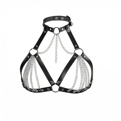 Punk Black Leather Chest Harness Bra Cage Style Shoulder Strap Body Chain Belt, Layered Chest Chain Rave Nightclub Belly Bra Jewelry Accessory for Women Halloween Carnival