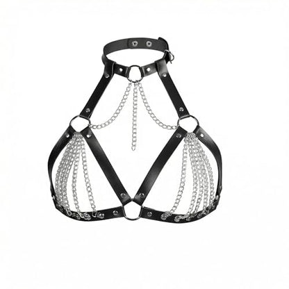 Punk Black Leather Chest Harness Bra Cage Style Shoulder Strap Body Chain Belt, Layered Chest Chain Rave Nightclub Belly Bra Jewelry Accessory for Women Halloween Carnival