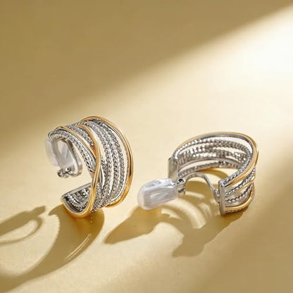 Clip on Earrings for Women Silver and Gold Plated Twisted Rope Hoops Non Pierced C Hoop Earring Lightweight Two Tone Clips Mixed Metal Jewelry Gifts - color: Wide Hoop-silver&gold