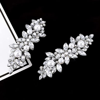 WHAVEL Pearl Hair Clips for Women, 2 PCS French Barrette Hair Clips Rhinestone Decorative Hair Accessories for Women Bride (Silver)