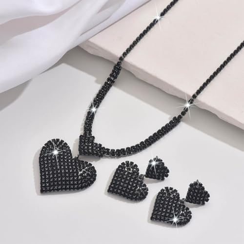 Crystal Heart Bridal Wedding Jewelry Set Silver Rhinestone Necklace Earrings Bracelet Sets Formal Costume Jewelry for Women and Brides - color: Black Necklace Earrings