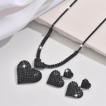 Crystal Heart Bridal Wedding Jewelry Set Silver Rhinestone Necklace Earrings Bracelet Sets Formal Costume Jewelry for Women and Brides - color: Black Necklace Earrings