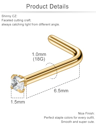 Cisyozi 18G Nose Rings Studs Hypoallergenic Nose Piercings 316L Surgical Steel Silver Nose Rings Set L Shaped Nose Nostril Piercing Jewelry for Women Men Diamond CZ 1.5mm 2mm 2.5mm 3mm 3.5mm 4mm - color: 18G - Gold- CZ 1.5mm