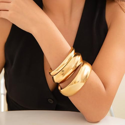 3Pcs Gold Plated Stack Bangle Bracelets for Women,Minimalism Statement Geometric High Polish Bangle Sets Striking Valentine's Day Jewelry Gitfs