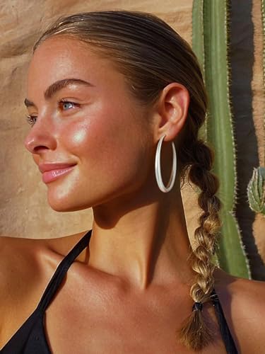 KeyStyle 5mm Thick Hoop Earring，Large Gold Hoop Earrings for Women | Stainless Steel Hoops Earring 14K Gold Plated/Silver/Black Hoop Lightweight Hypoallergenic Hollow Tube Hoop(40/60/80MM) - color: Silver, size: 60mm
