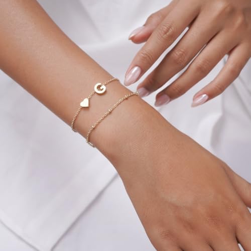 Gold Initial Bracelets for Women Trendy, Dainty Layered 14K Gold Plated Heart Letter Charm Bracelets, letter beads for name bracelets Jewelry Gifts - color: Gold-G