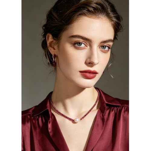 Single Pearl Choker Pendant Necklaces for Women, Natural Gemstone Womens Black Stone Beaded Choker Necklace, Dainty Round Freshwater Pearl Handmade Jewelry Gift Women Birthday Bridesmaids Anniversary 16 18 inch - color: 05-Red Garnet, size: 16"