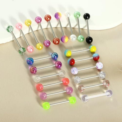 14G Surgical Steel Tongue Rings for Women Men Acrylic Clear Tongue Piercing Jewelry Teaser Slave Ring Skull/Flower/Silicone Soft Spike Ball/CZ/Door Knocker/Pill Tongue Barbell Bars 5/8inch - color: 20pcs mix
