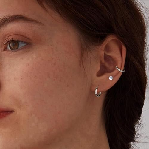 Incaton 18G Threadless Flat Back Stud Earrings For Women Men, 316L Surgical Steel Hypoallergenic Push in Nose Studs CZ Nose Nostril Tragus Helix Labret Studs Lip Rings Piercing Jewelry - color: 3 HOOP + 6 STUD SILVER