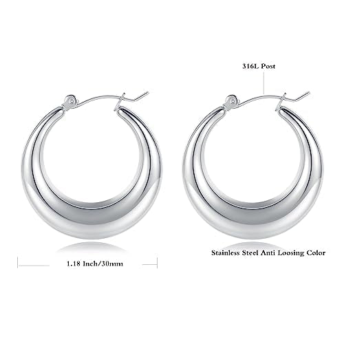 316L Chunky Stainless Steel Hoop Earrings, Fashionable Lightweight Hollow Open Hoops, Hypoallergenic Whtie Gold Plated Pipe Earrings for Women - style: 30mm, White Gold