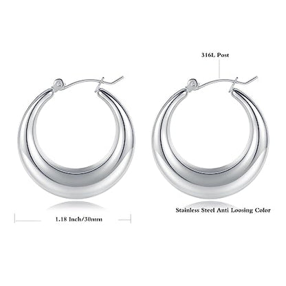 316L Chunky Stainless Steel Hoop Earrings, Fashionable Lightweight Hollow Open Hoops, Hypoallergenic Whtie Gold Plated Pipe Earrings for Women - style: 30mm, White Gold