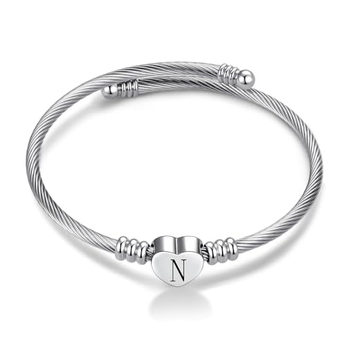 Women Initial Heart A-Z Letter Cuff Bracelet Personalized Name Expandable Wristband Bangle Bracelets Stainless Steel Birthday Jewelry - style: N