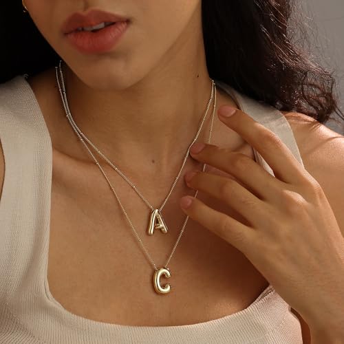 Ewrkbrㅤ Initial Necklaces for Women, 14k Gold Plated Bubble Letter Necklace Chunky Gold Necklace Dainty Charm Initial Necklaces for Women Trendy Custom Preppy Stocking Stuff Necklace Christmas Gifts - color: Gold, style: G